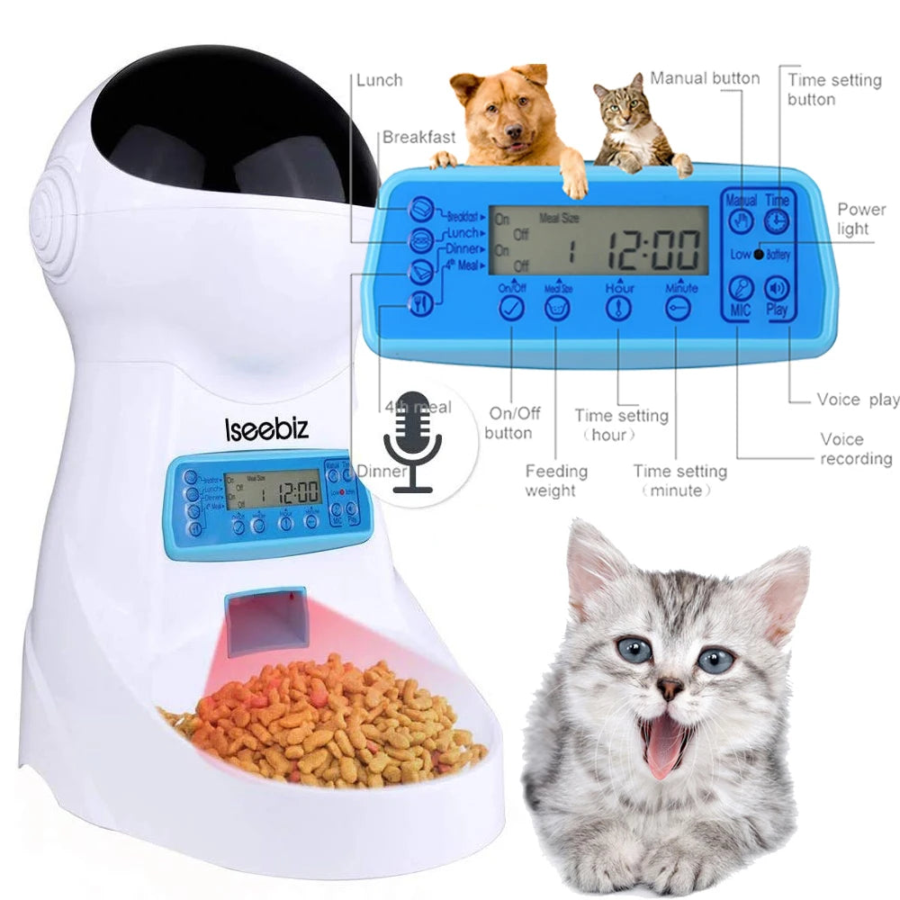 Automatic Pet Feeder With Voice Recorder For Cats And Dogs