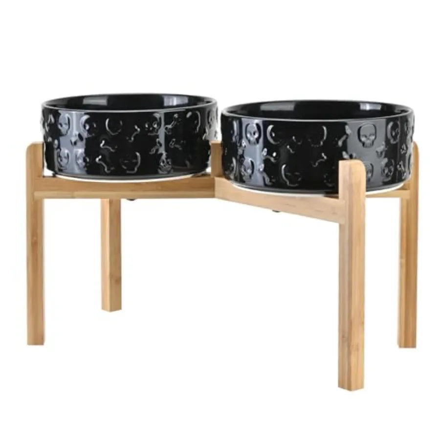 Elevated Ceramic Dog Bowl Set With Non-Slip Bamboo Stand