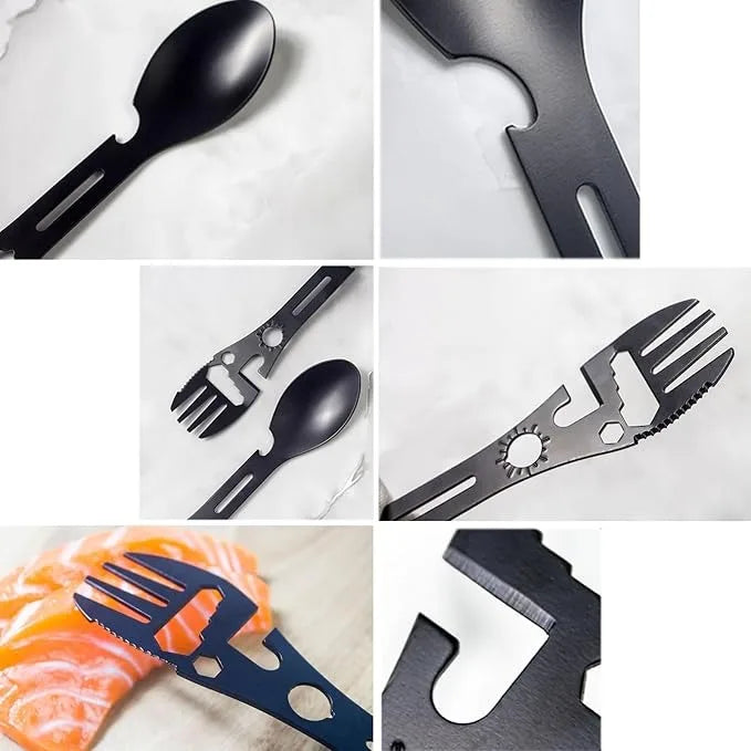 10 In 1 Multifunction Camping Spork Stainless Steel Utensil Set Bottle Opener