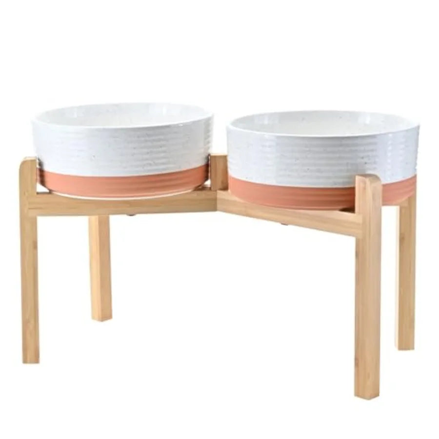 Elevated Ceramic Dog Bowl Set With Non-Slip Bamboo Stand
