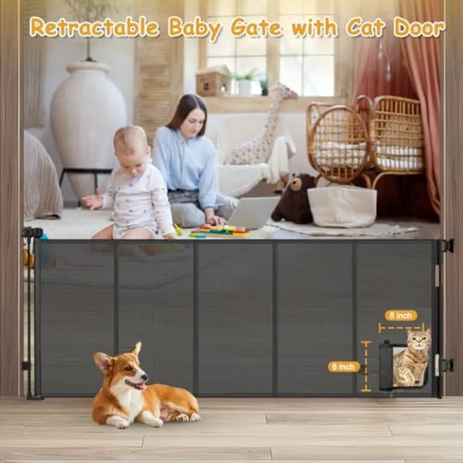 Reinforced Extra Wide Retractable Pet Gate With Cat Door