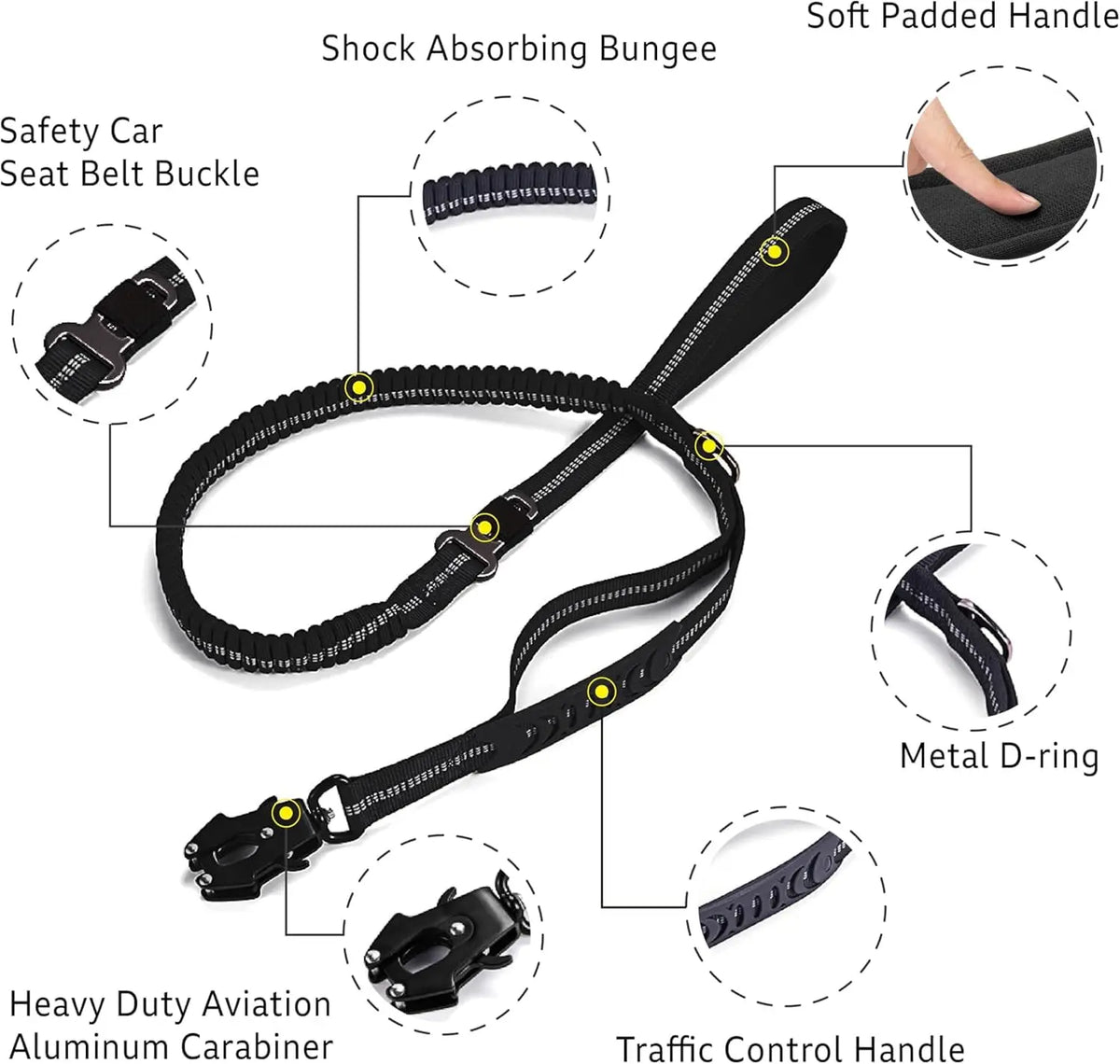 Reflective Shock Absorbing Pet Leash With Car Seatbelt No Pull