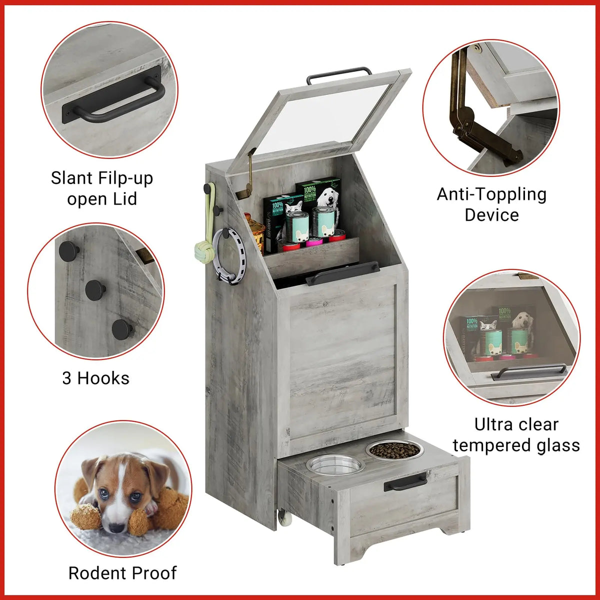 Dog Food Storage Cabinet with Elevated Feeder and Two Bowls