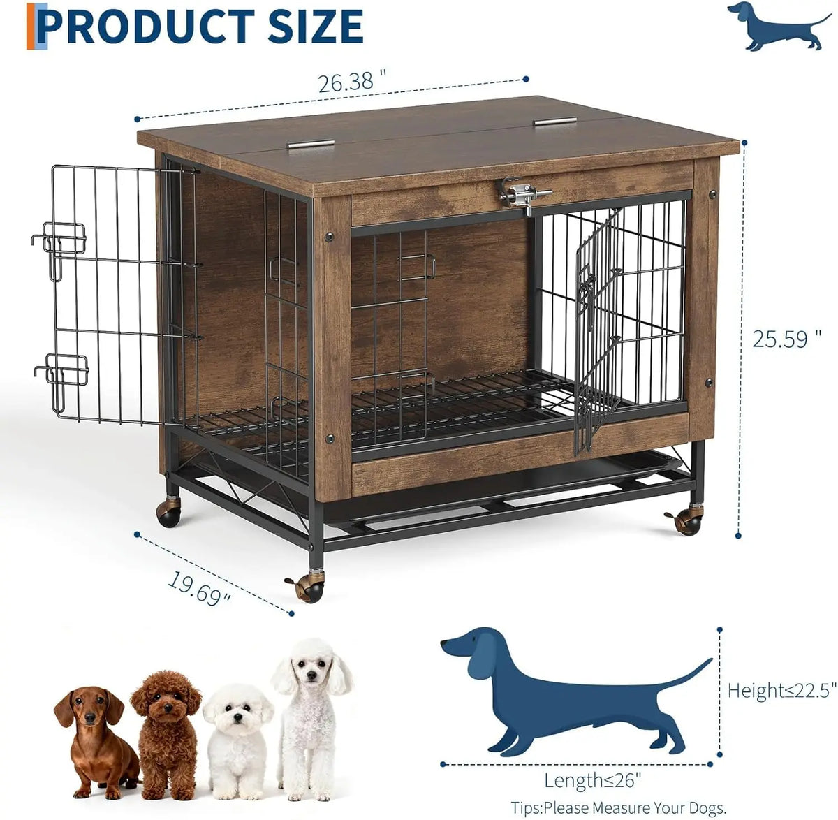 HiMISS Rustic Dog Crate Furniture With Wheels End Table Kennel