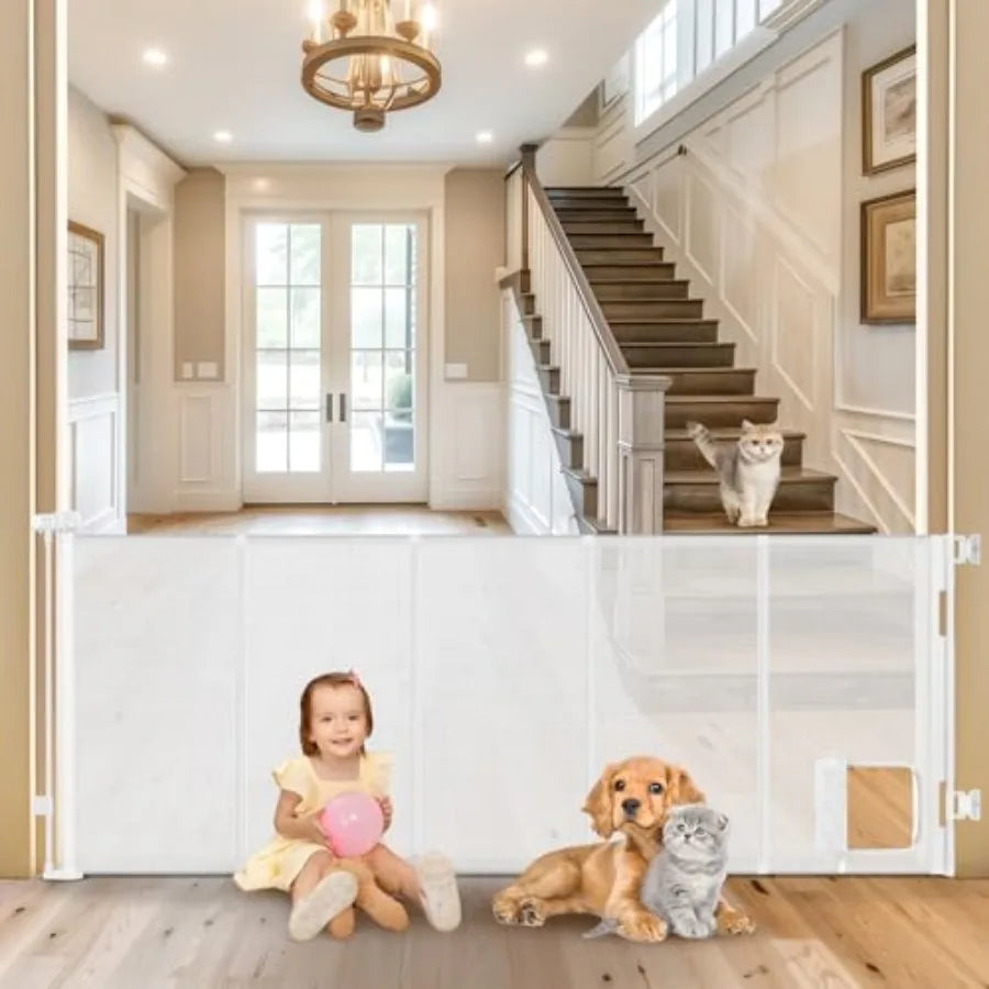 Reinforced Extra Wide Retractable Pet Gate With Cat Door