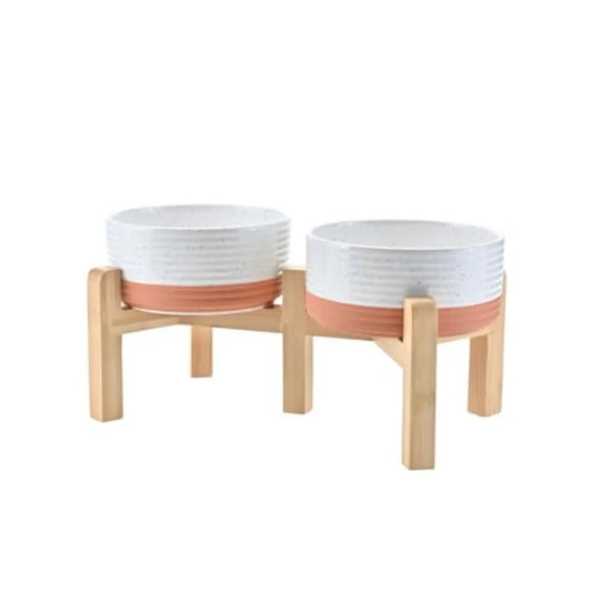 Elevated Ceramic Dog Bowl Set With Non-Slip Bamboo Stand
