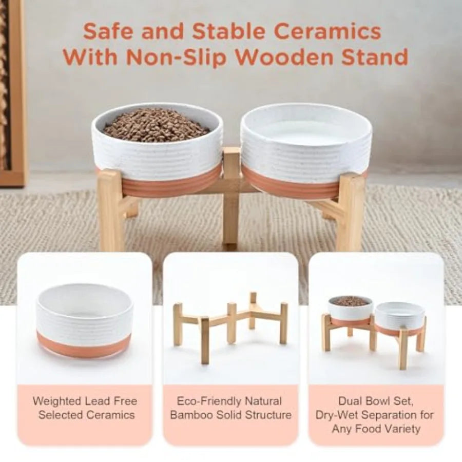 Elevated Ceramic Dog Bowl Set With Non-Slip Bamboo Stand