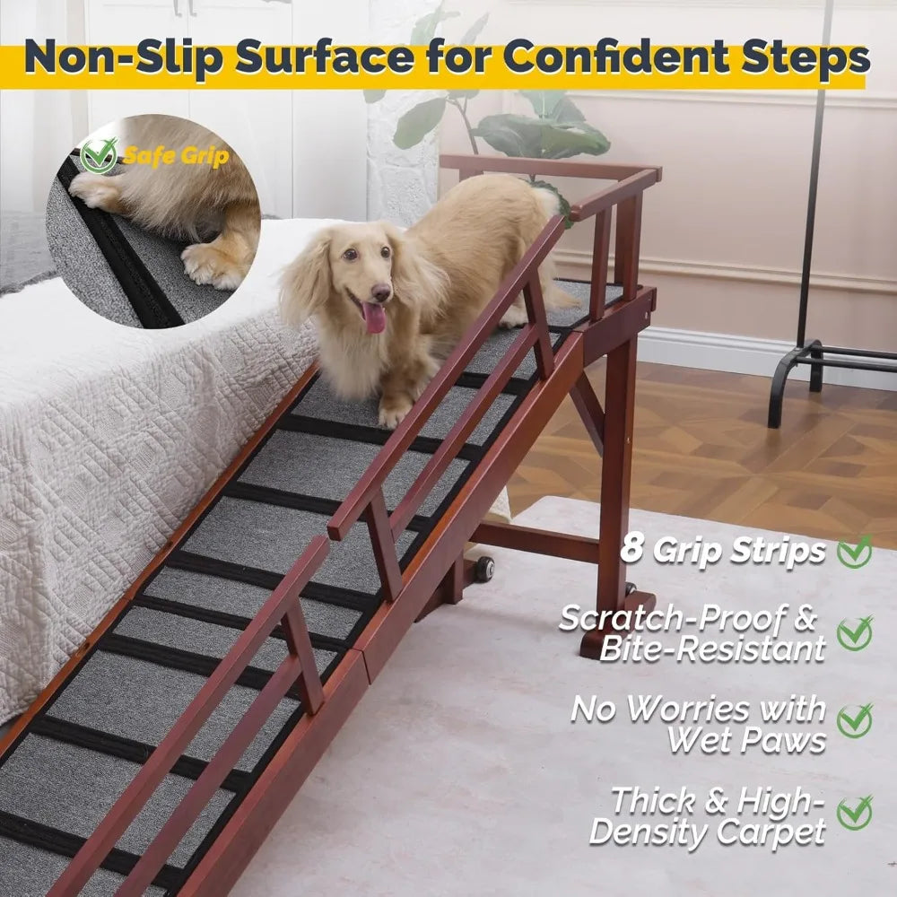 Wooden Dog Ramp For Bed Or Couch With Removable Side Rails And Wheels