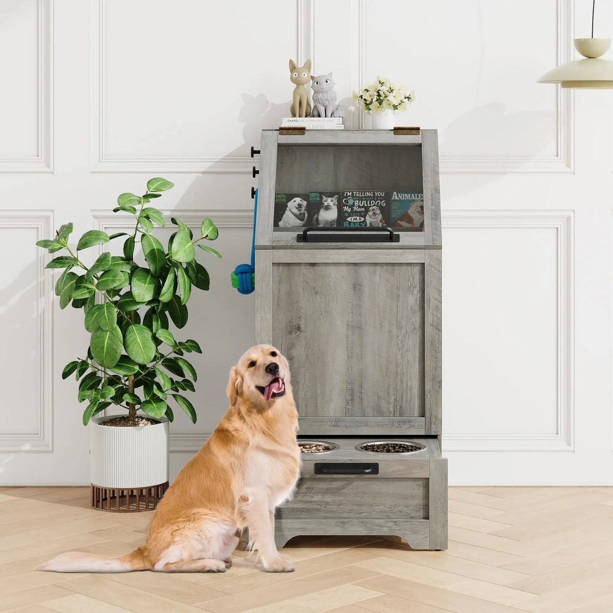 Dog Food Storage Cabinet with Elevated Feeder and Two Bowls