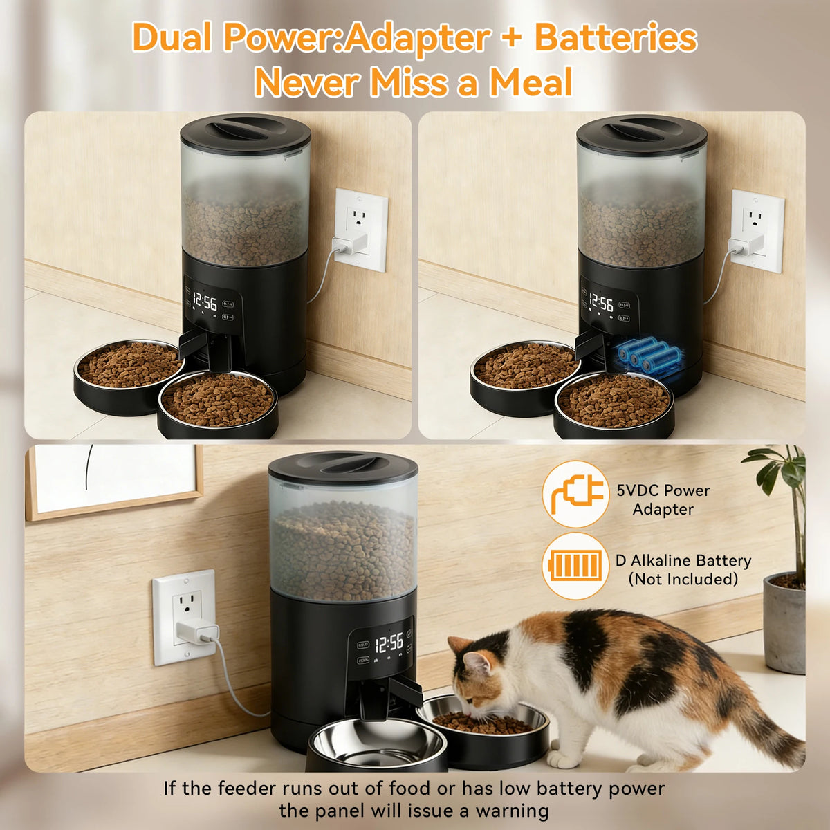 Automatic Cat Feeder With Dual Stainless Bowls Timed Dispenser For Cats And Dogs
