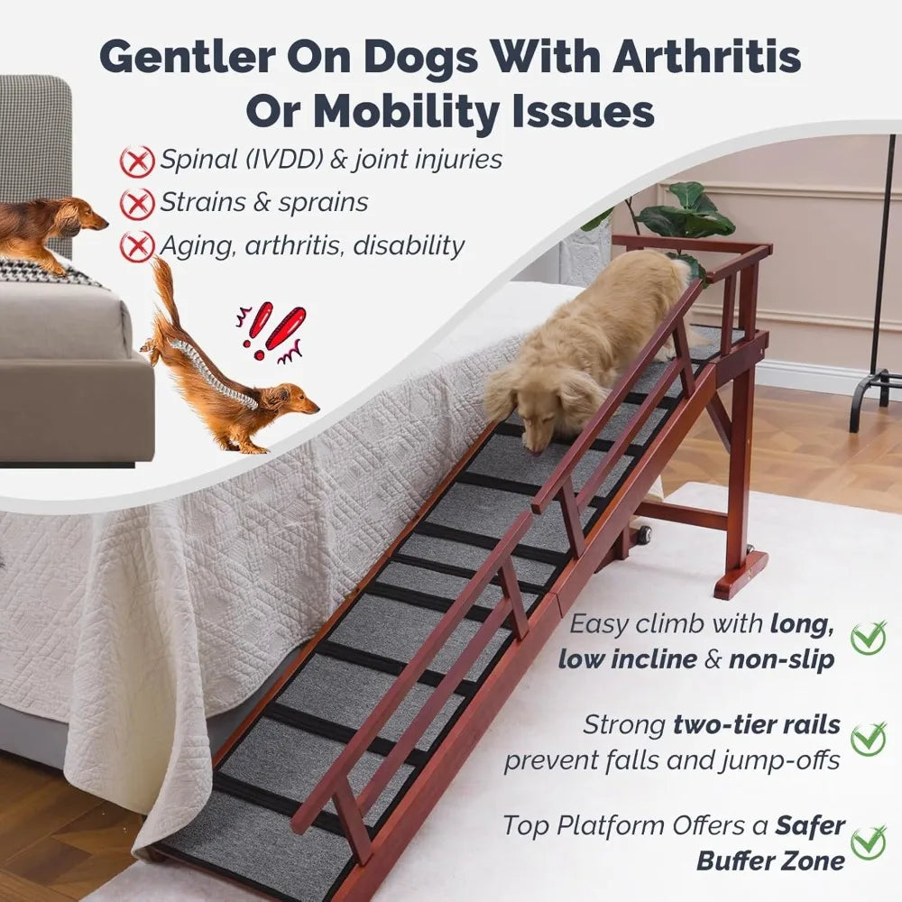 Wooden Dog Ramp For Bed Or Couch With Removable Side Rails And Wheels