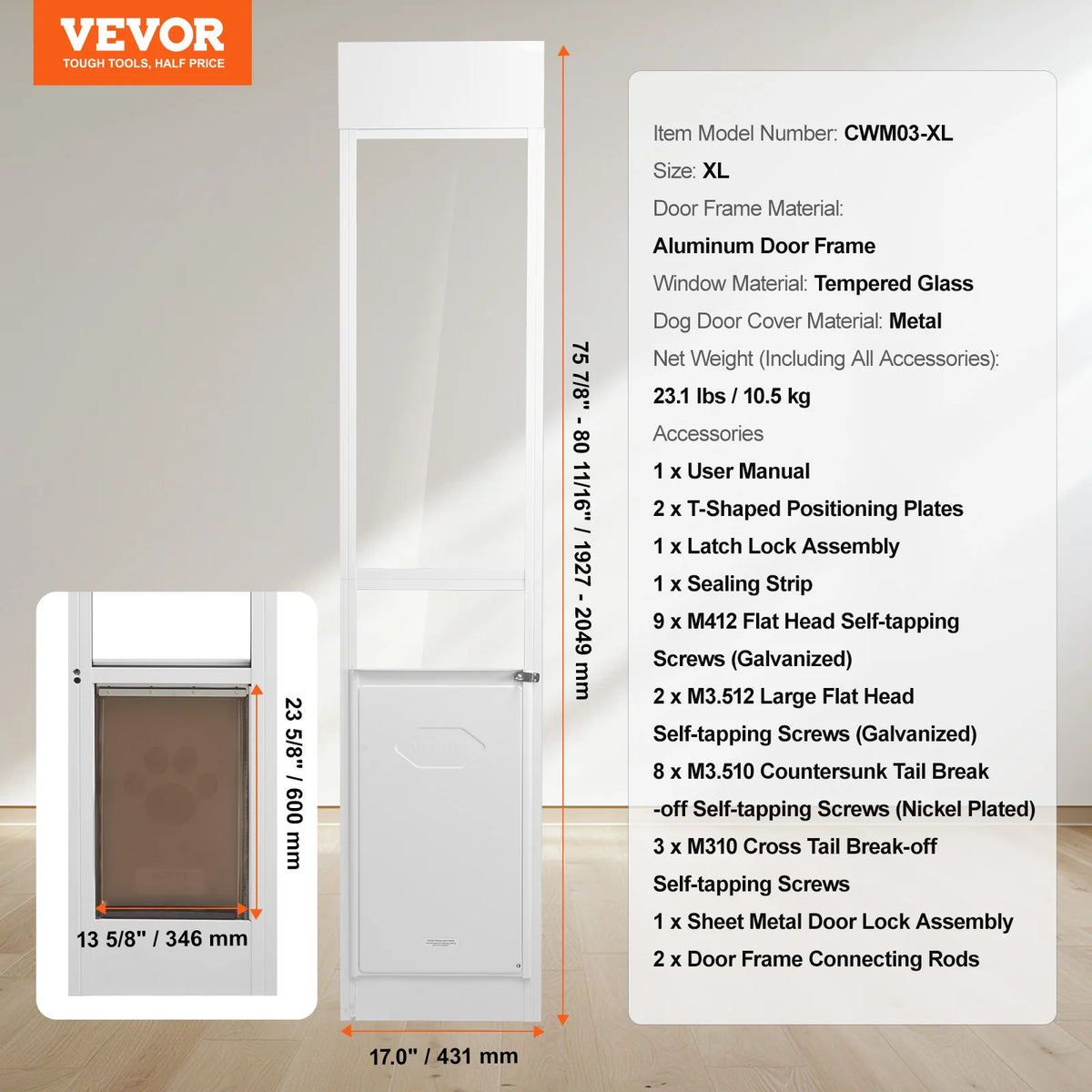 Sliding Glass Dog Door With Adjustable Aluminum Frame And Tempered Glass