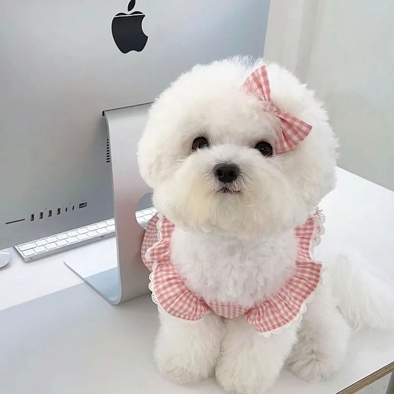Pet Dog Dress Plaid Lace Summer Outfit For Cats And Dogs