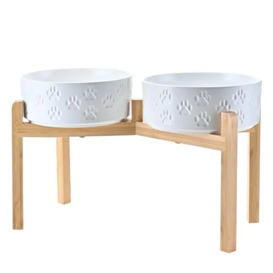 Elevated Ceramic Dog Bowl Set With Non-Slip Bamboo Stand