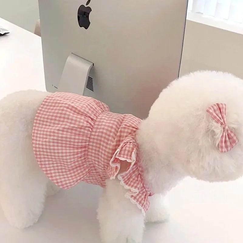 Pet Dog Dress Plaid Lace Summer Outfit For Cats And Dogs