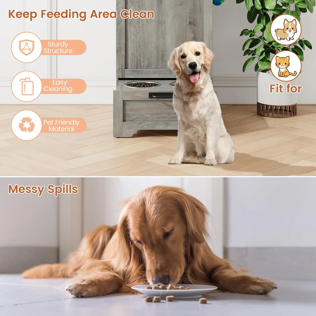 Dog Food Storage Cabinet with Elevated Feeder and Two Bowls
