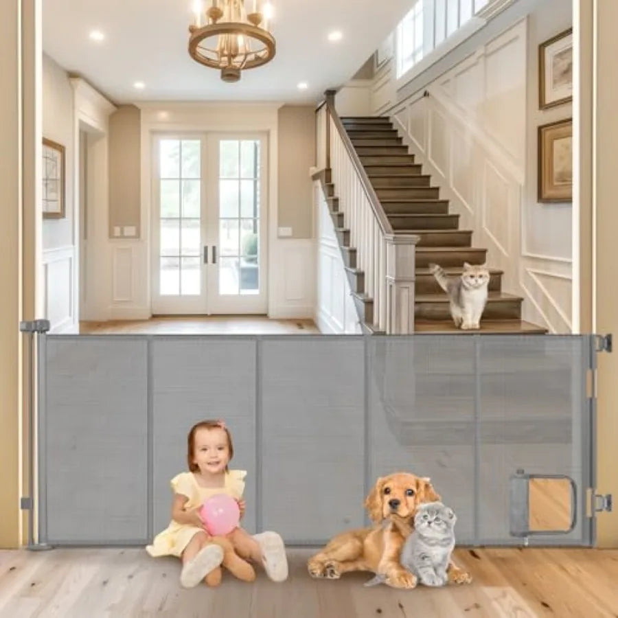 Reinforced Extra Wide Retractable Pet Gate With Cat Door