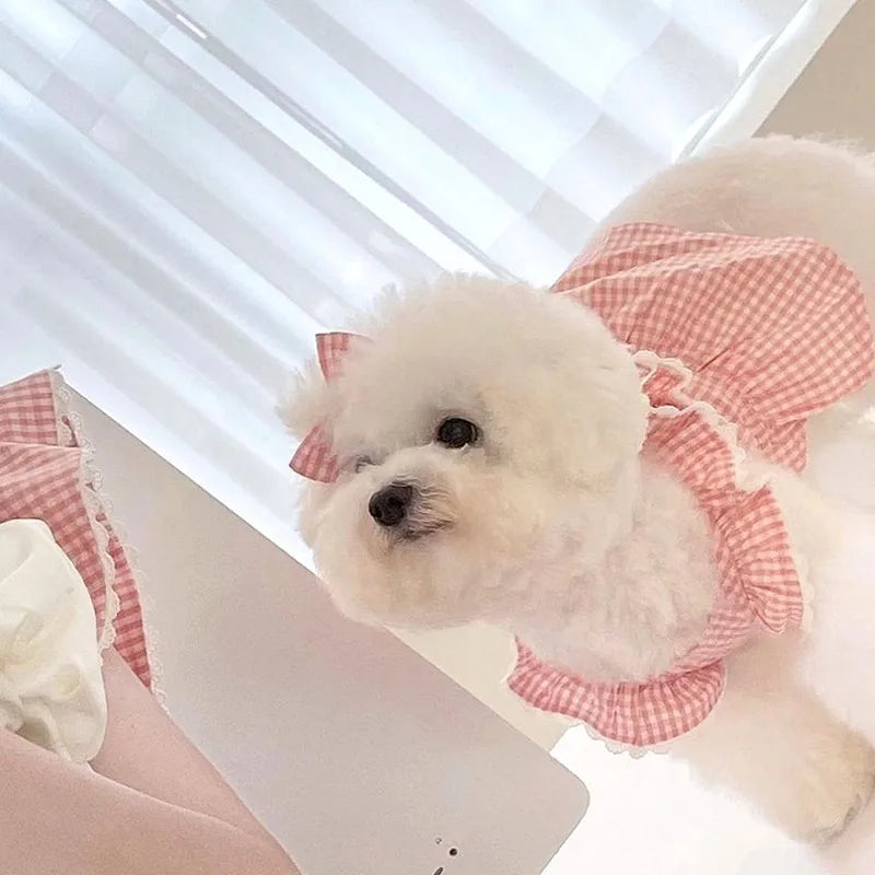 Pet Dog Dress Plaid Lace Summer Outfit For Cats And Dogs