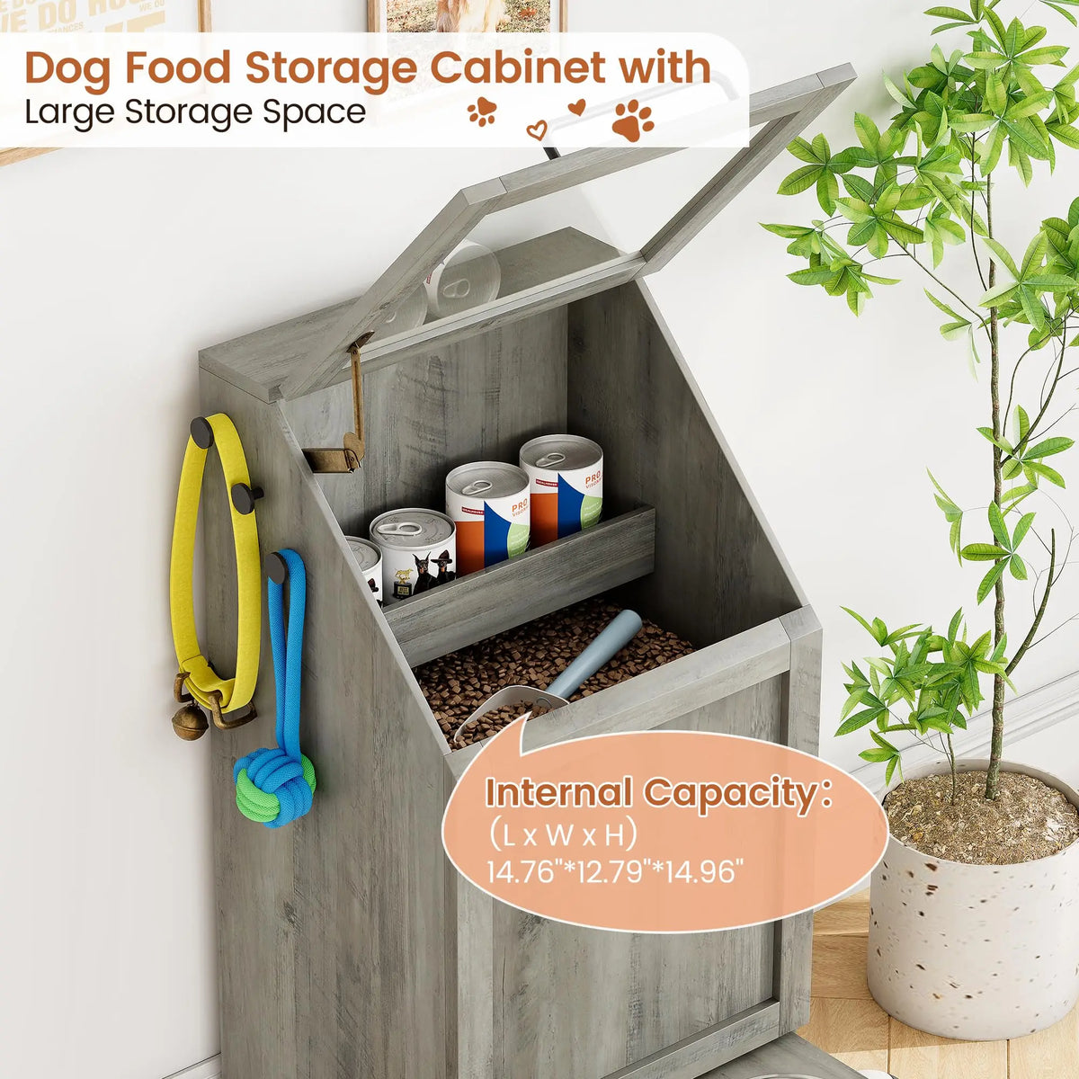 Dog Food Storage Cabinet with Elevated Feeder and Two Bowls