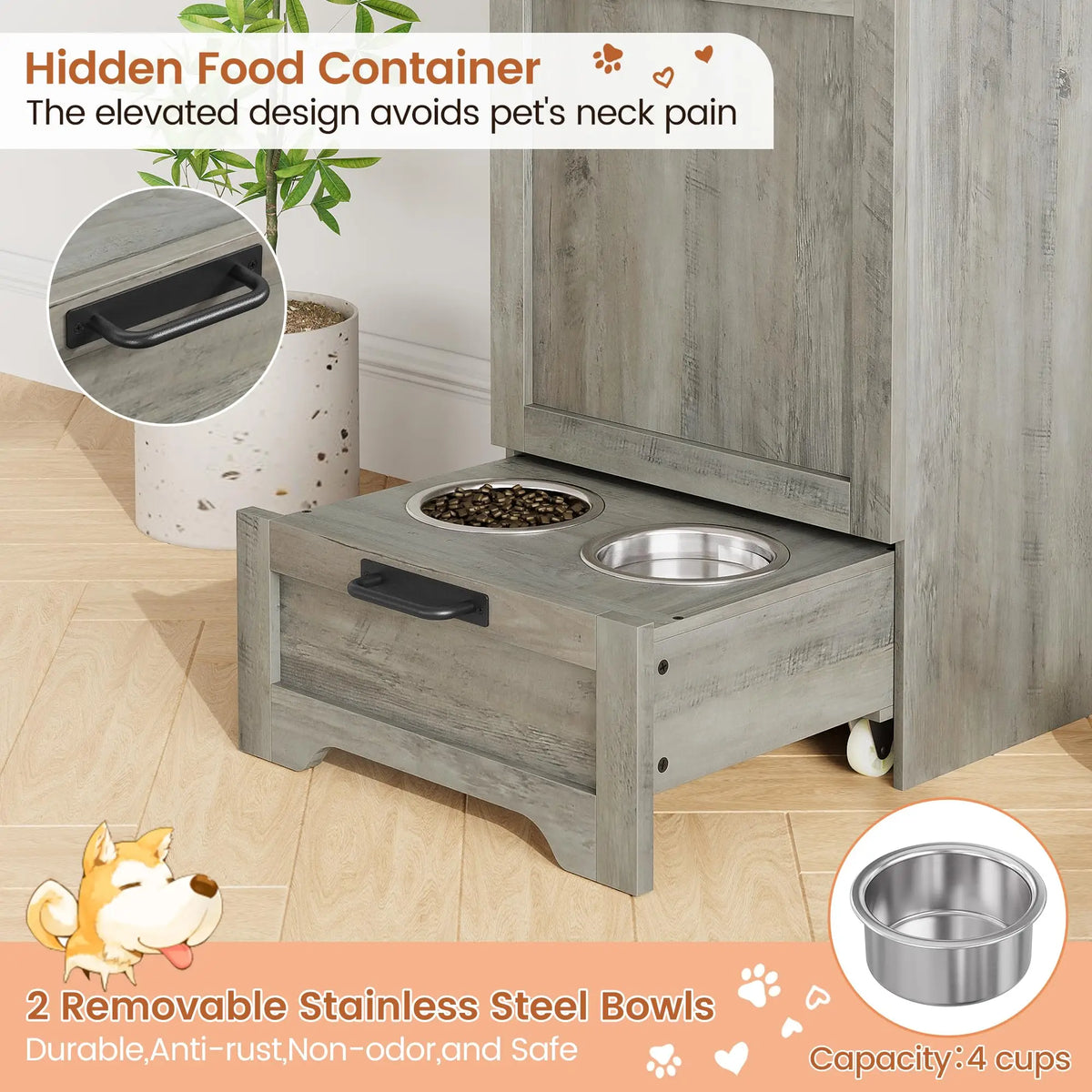 Dog Food Storage Cabinet with Elevated Feeder and Two Bowls