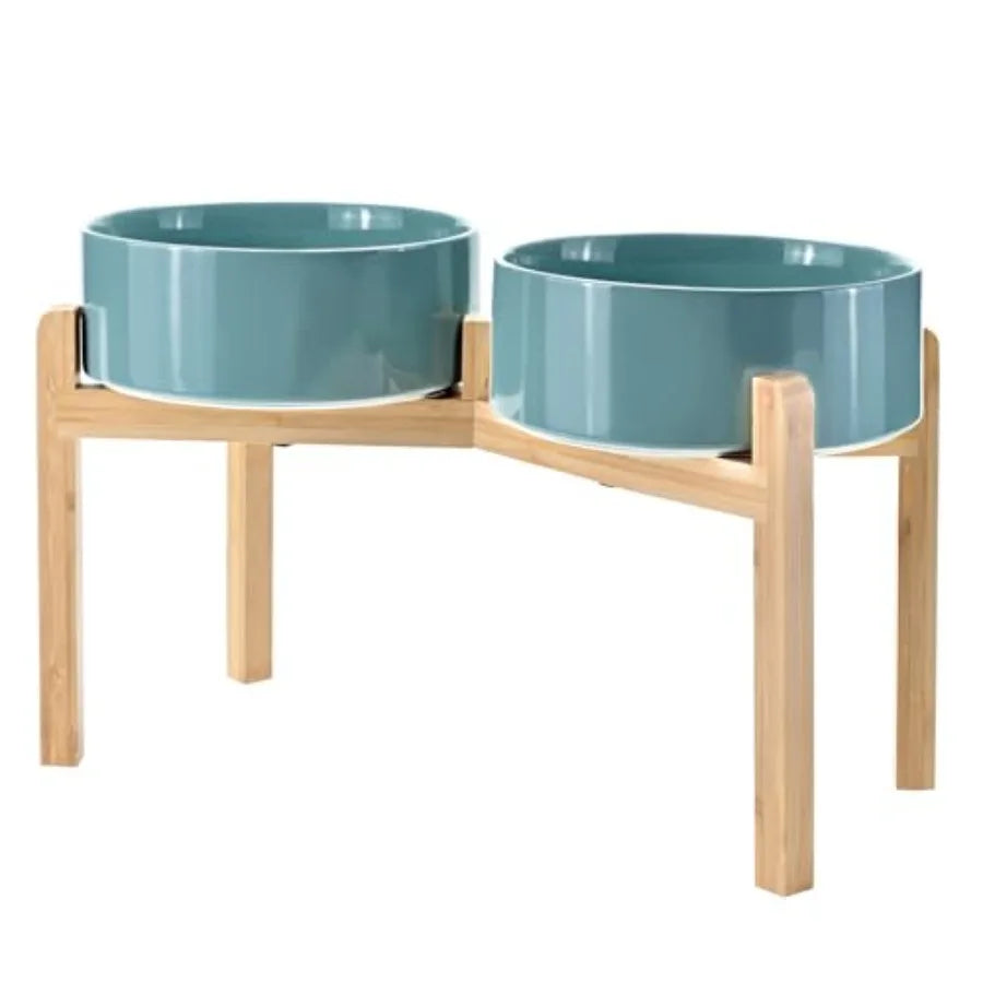 Elevated Ceramic Dog Bowl Set With Non-Slip Bamboo Stand