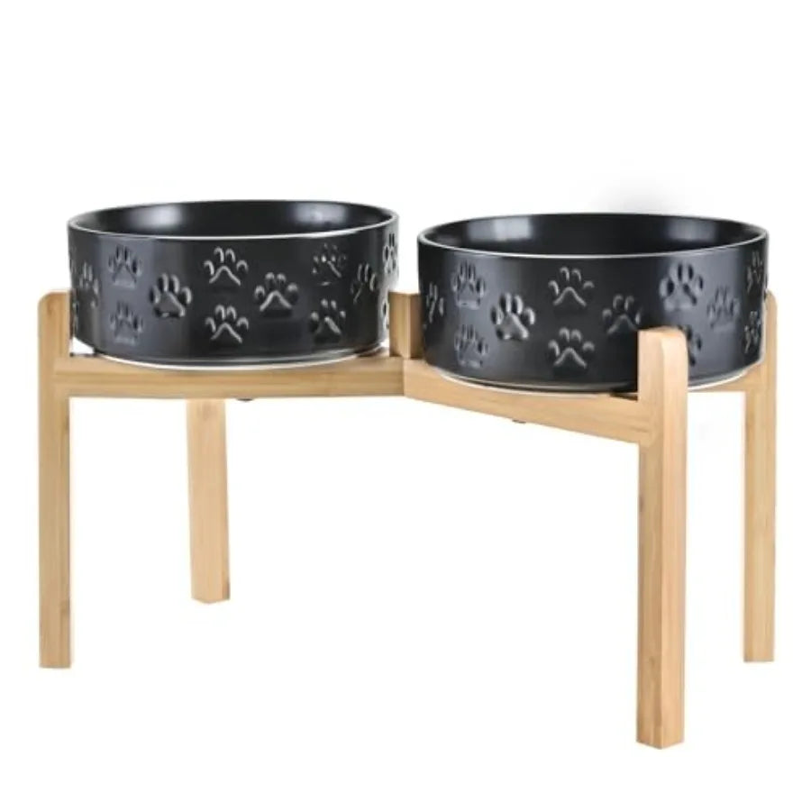 Elevated Ceramic Dog Bowl Set With Non-Slip Bamboo Stand