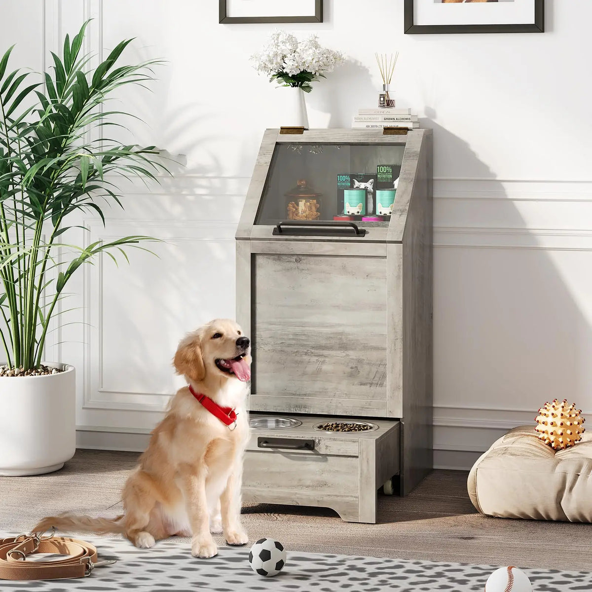 Dog Food Storage Cabinet with Elevated Feeder and Two Bowls
