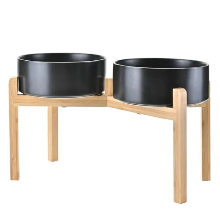 Elevated Ceramic Dog Bowl Set With Non-Slip Bamboo Stand