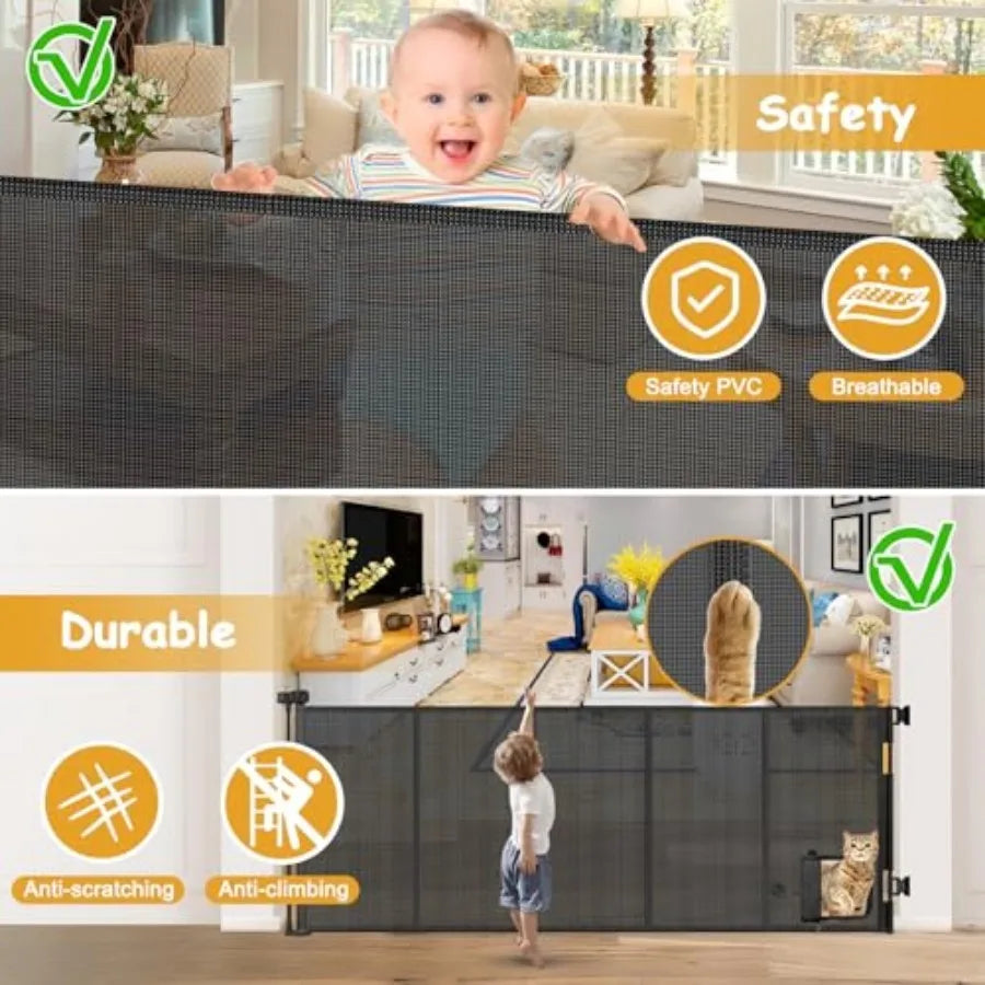Reinforced Extra Wide Retractable Pet Gate With Cat Door