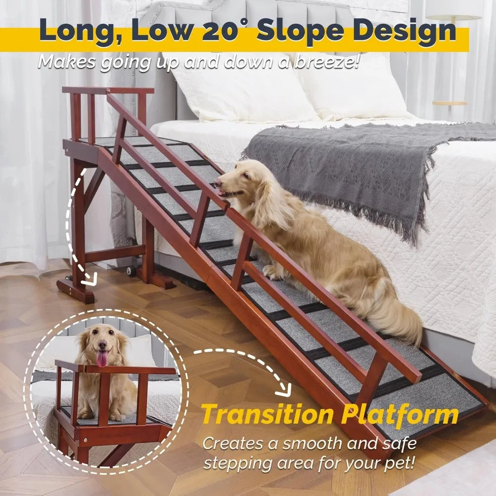 Wooden Dog Ramp For Bed Or Couch With Removable Side Rails And Wheels