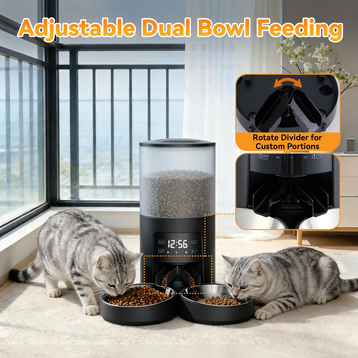 Automatic Cat Feeder With Dual Stainless Bowls Timed Dispenser For Cats And Dogs