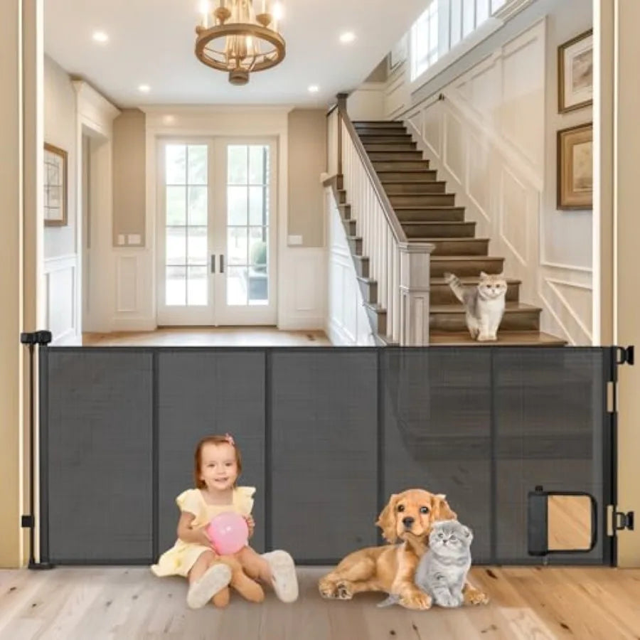 Reinforced Extra Wide Retractable Pet Gate With Cat Door