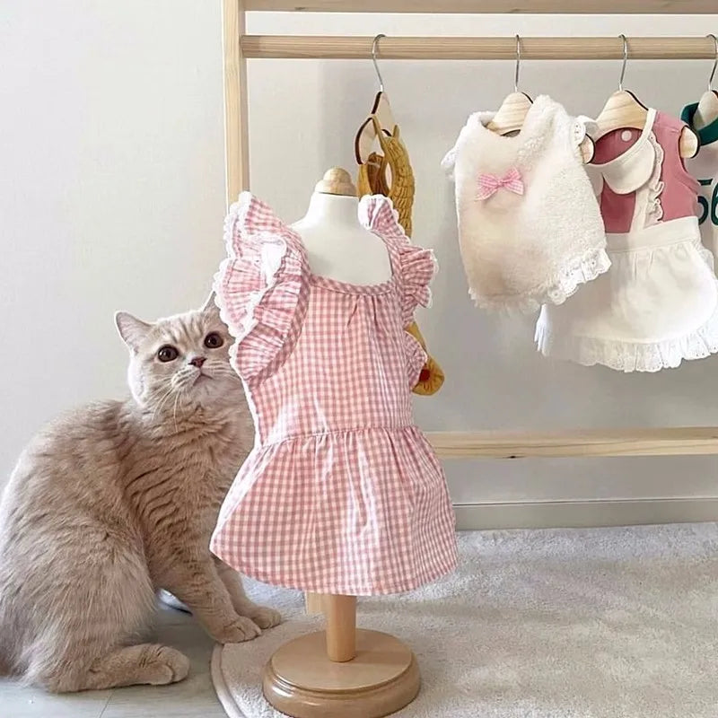 Pet Dog Dress Plaid Lace Summer Outfit For Cats And Dogs