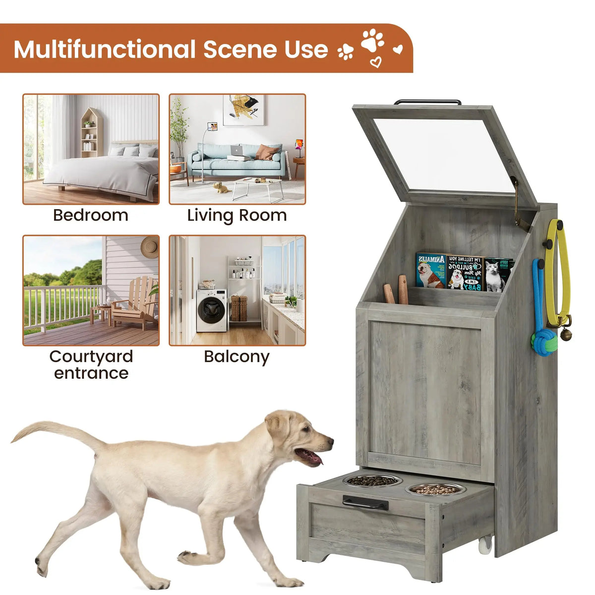 Dog Food Storage Cabinet with Elevated Feeder and Two Bowls