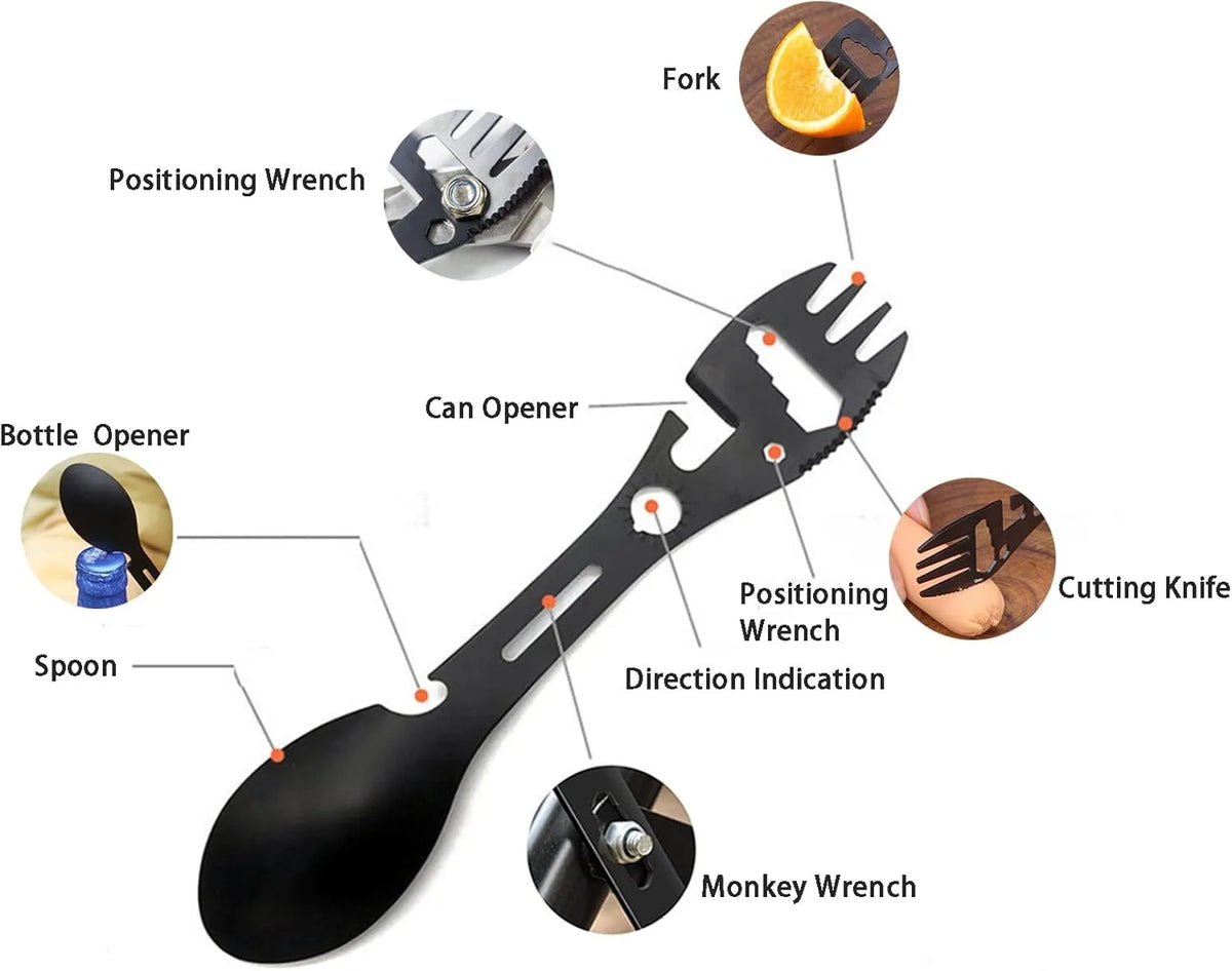 10 In 1 Multifunction Camping Spork Stainless Steel Utensil Set Bottle Opener