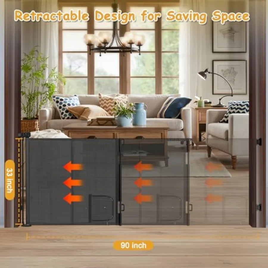 Reinforced Extra Wide Retractable Pet Gate With Cat Door