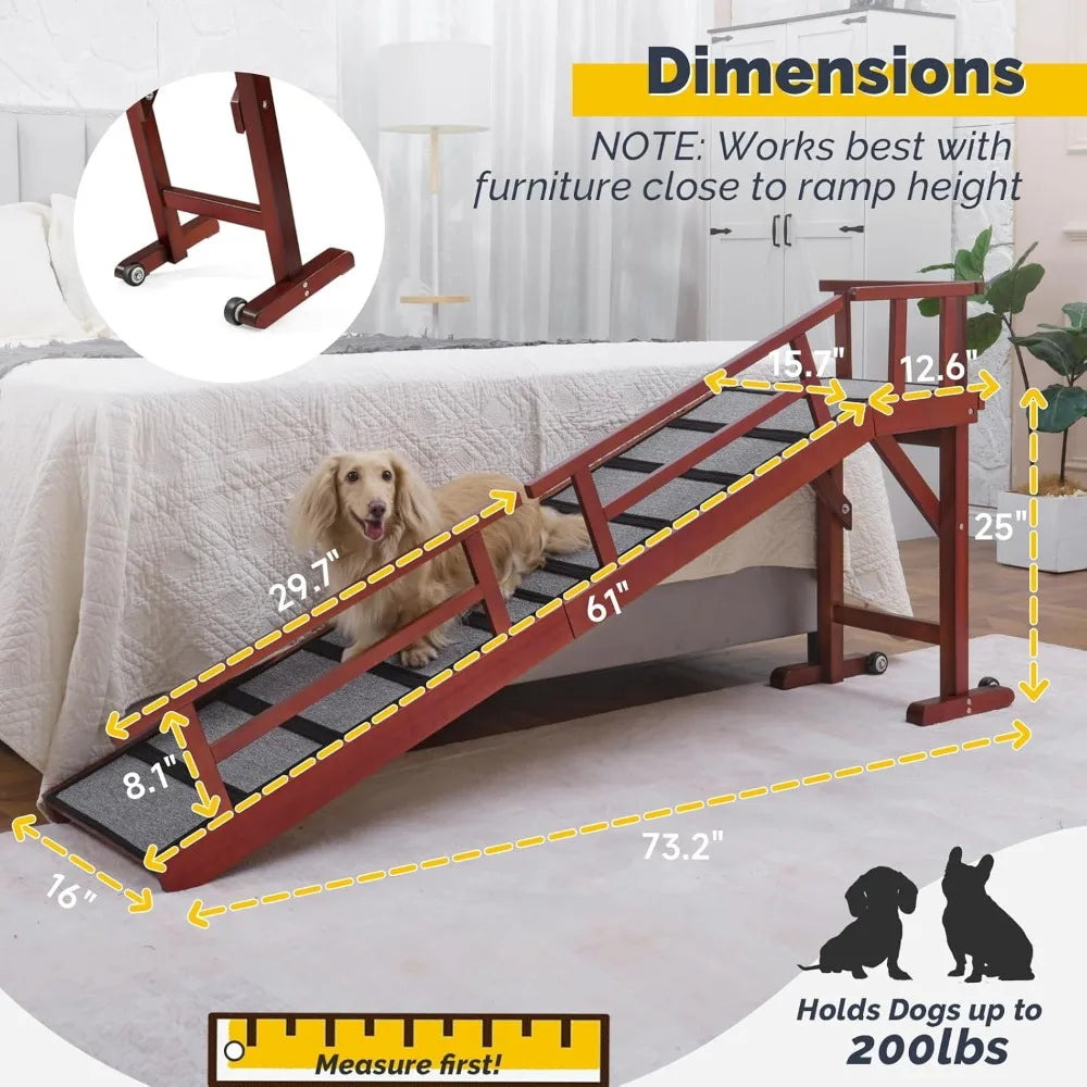 Wooden Dog Ramp For Bed Or Couch With Removable Side Rails And Wheels