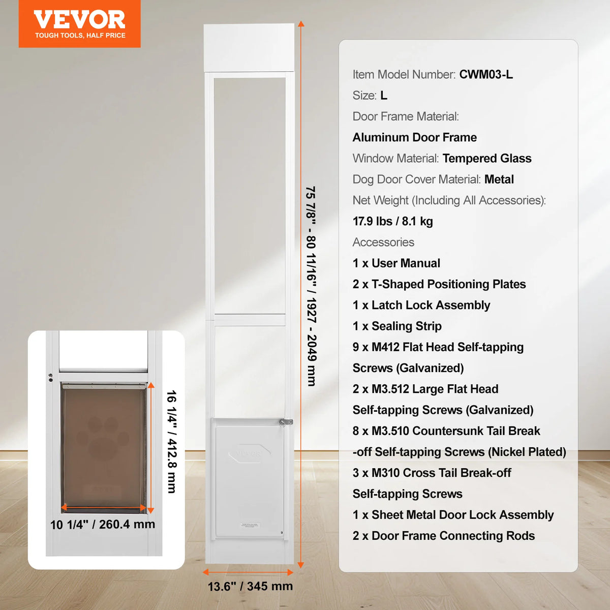 Sliding Glass Dog Door With Adjustable Aluminum Frame And Tempered Glass