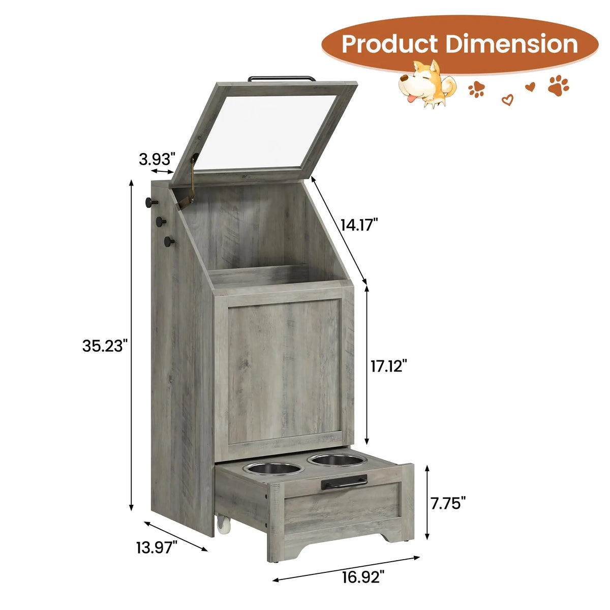 Dog Food Storage Cabinet with Elevated Feeder and Two Bowls