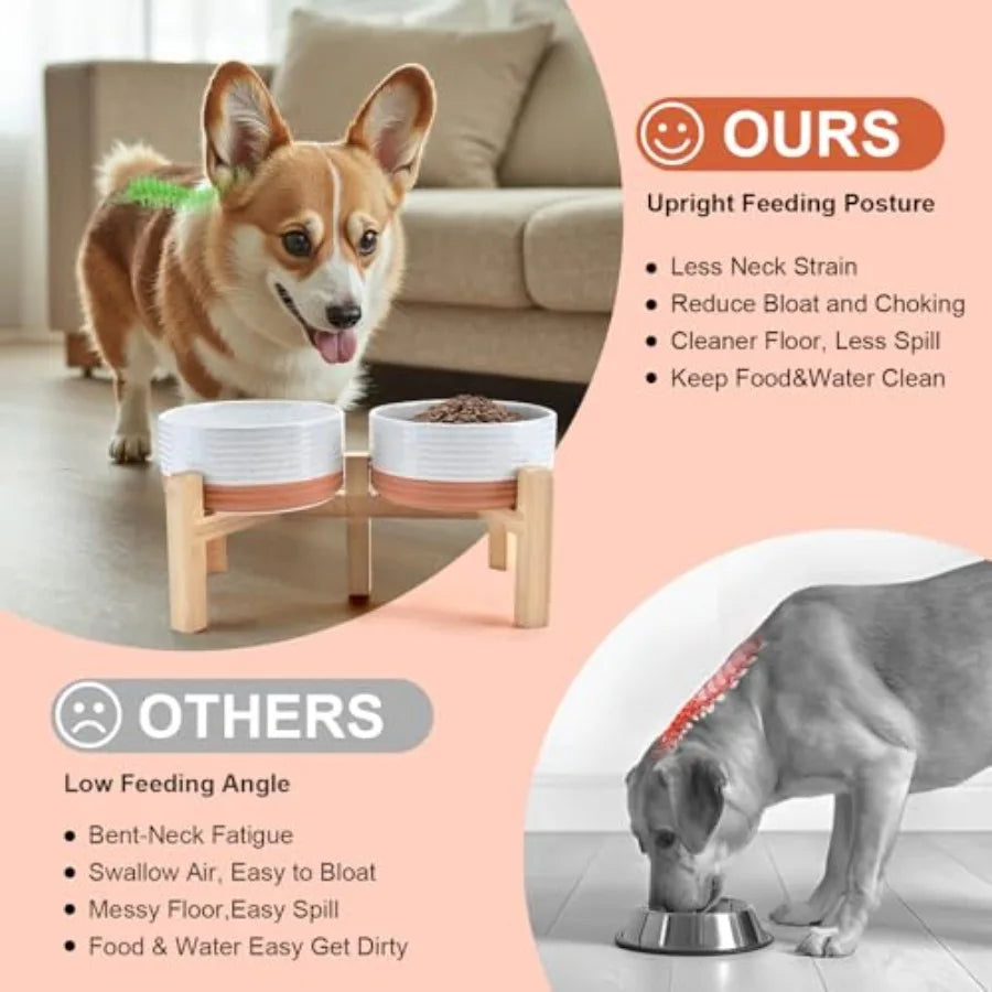 Elevated Ceramic Dog Bowl Set With Non-Slip Bamboo Stand