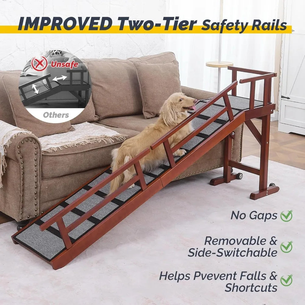 Wooden Dog Ramp For Bed Or Couch With Removable Side Rails And Wheels